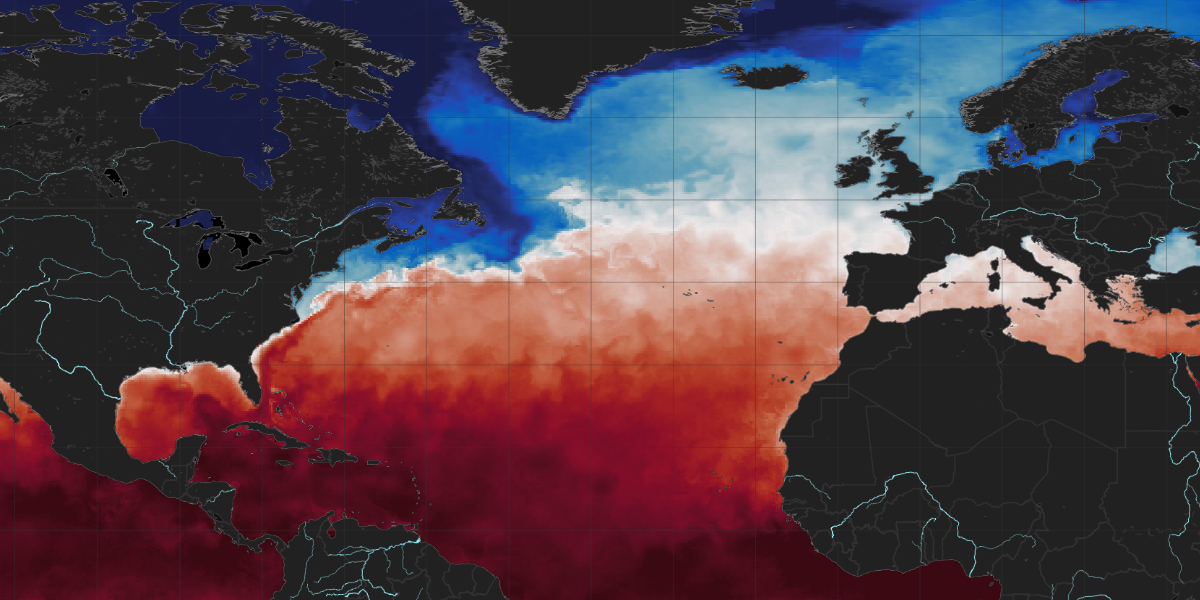 Mappa che mostra le differenze nella temperatura superficiale dell'oceano Atlantico con una scala di colori dal blu per le temperature minori al rosso per quelle maggiori