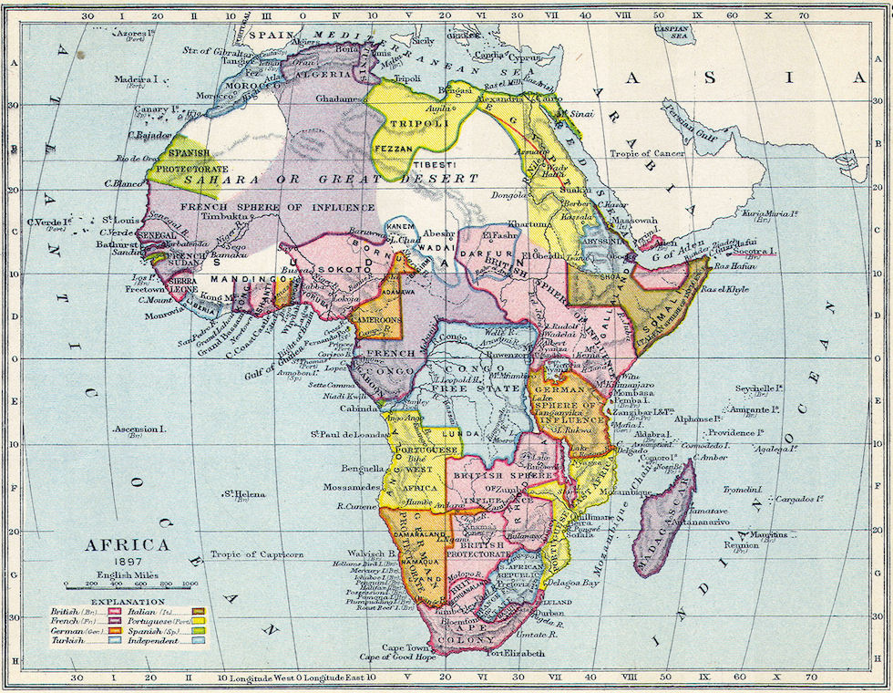 Una mappa coloniale del 1897 con le suddivisioni dell'Africa tra sfere d'influenza