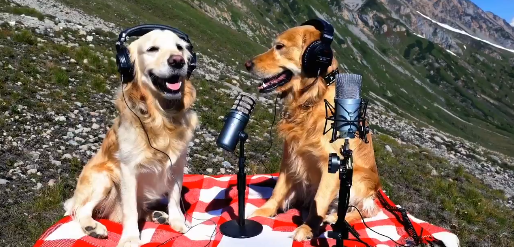 Un'immagine di due cani che fanno un podcast in montagna tratta da un video generato con Sora