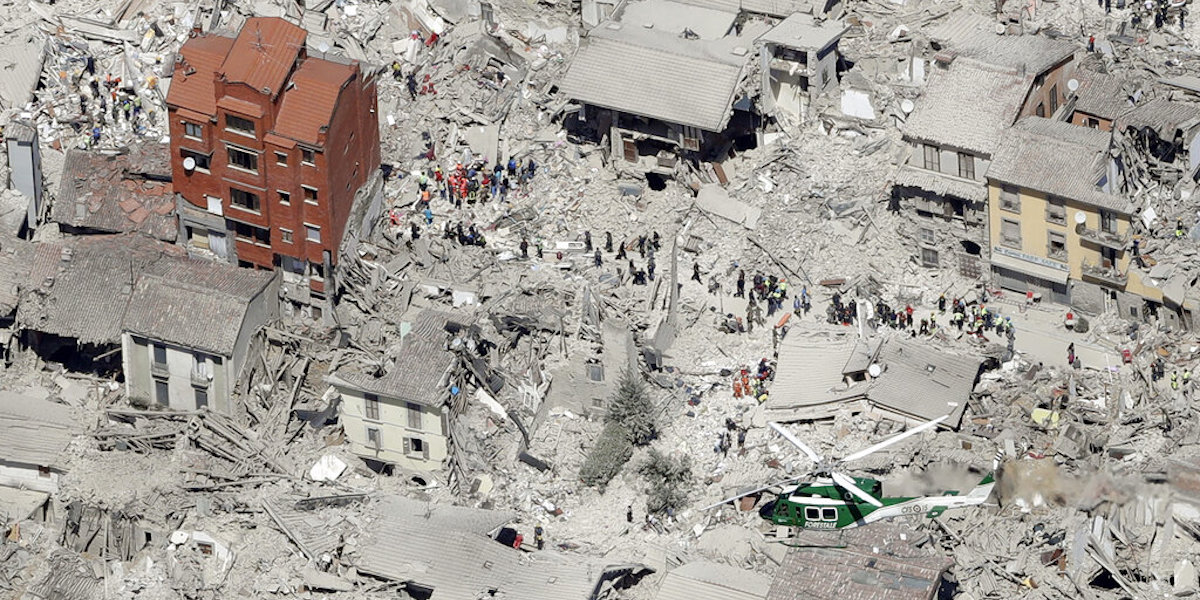 Case distrutte dal terremoto nel centro storico di Amatrice, nel 2016