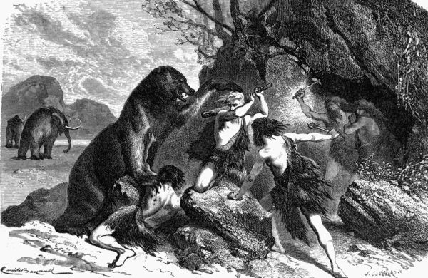 Un gruppo di Neanderthal si difende dall'attacco di un orso. sullo sfondo si intravede una coppia di mammut 
