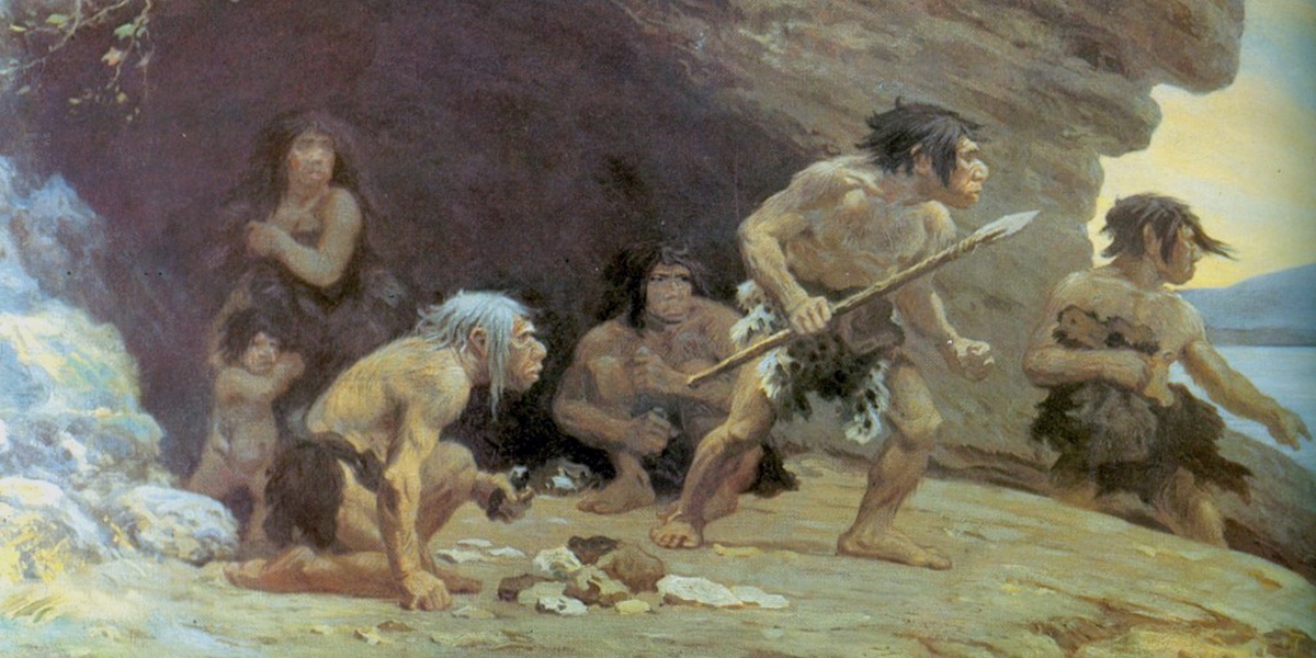 Una famiglia di Neanderthal all'ingresso di una grotta