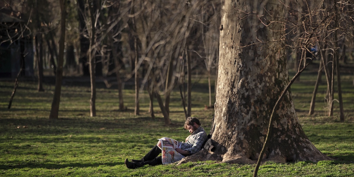 Un uomo legge un giornale seduto ai piedi di un albero, al sole, in un parco di Bucarest, in Romania, lo scorso 16 febbraio