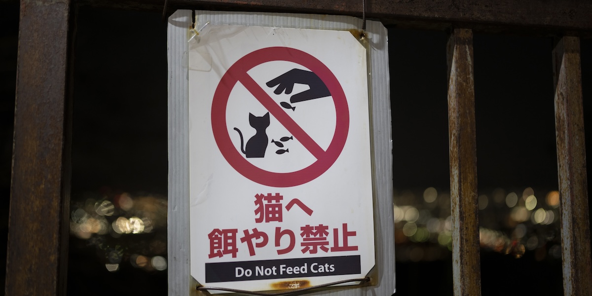 Un cartello che invita a non nutrire i gatti a Kyoto, in Giappone (Credit Image: Taidgh Barron/ZUMA Press Wire)