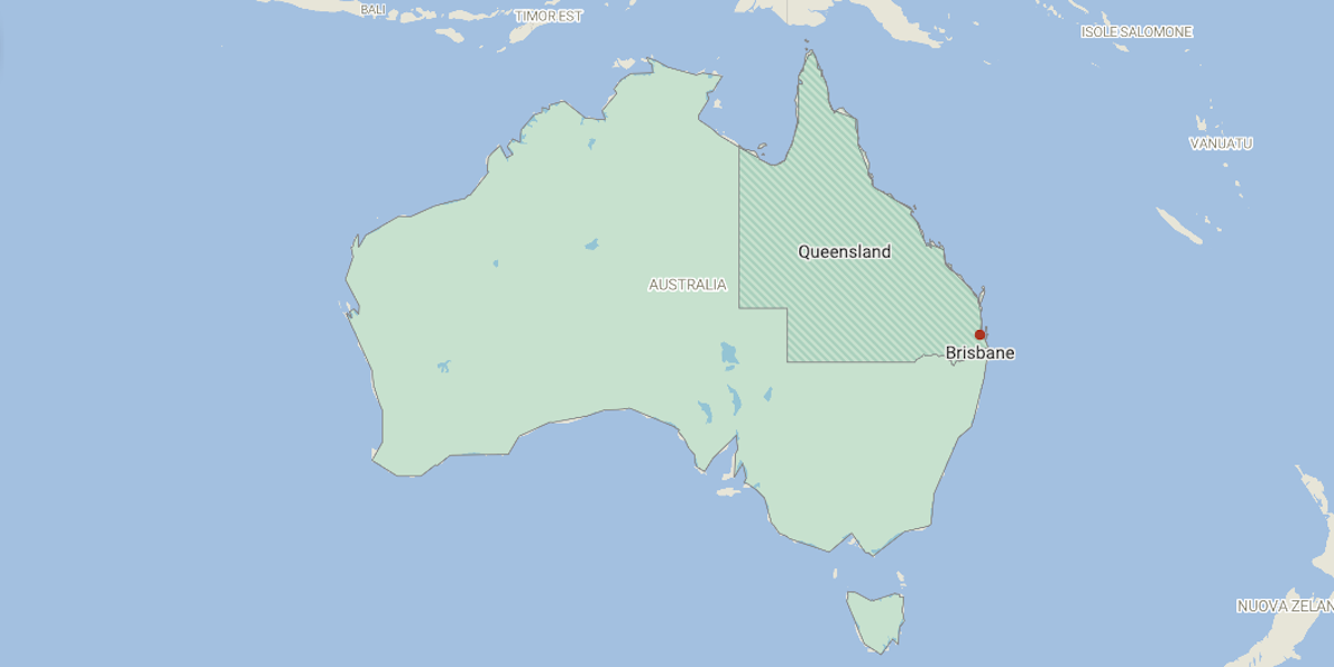una mappa dell'australia con brisbane sulla costa ovest