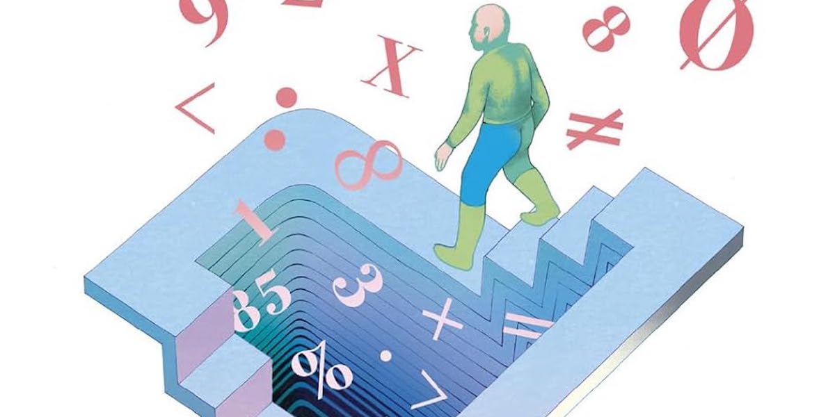 Illustrazione astratta in cui si vede una figura umana scendere per una scala circondata da numeri e simboli matematici