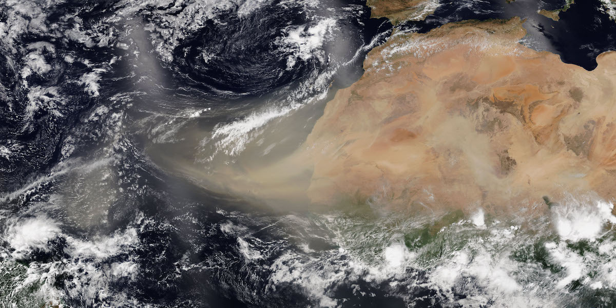 Fotografia satellitare in cui si vede la polvere del Sahara spinta dai moti dell'atmosfera verso ovest, al di sopra dell'oceano Atlantico