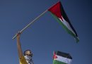 Un uomo sventola una bandiera palestinese durante una manifestazione contro l'operazione militare di Israele nella Striscia di Gaza