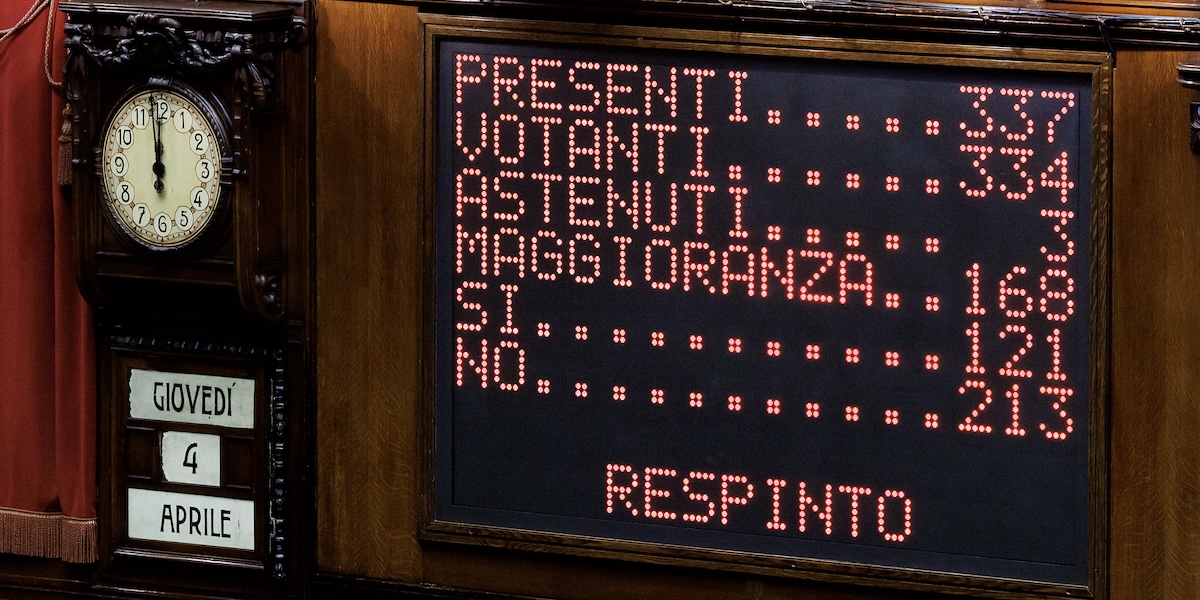 Il tabellone elettronico della Camera dei deputati con il voto finale sulla mozione di sfiducia alla ministra Daniela Santanchè. Roma, Giovedì, 4 aprile 2024