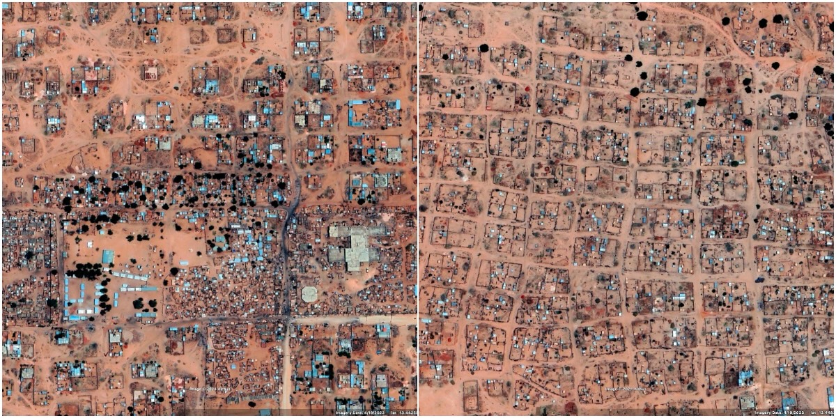 Le immagini di Google Earth di El Geneina, nel Darfur Occidentale, ad aprile 2023 e marzo 2024