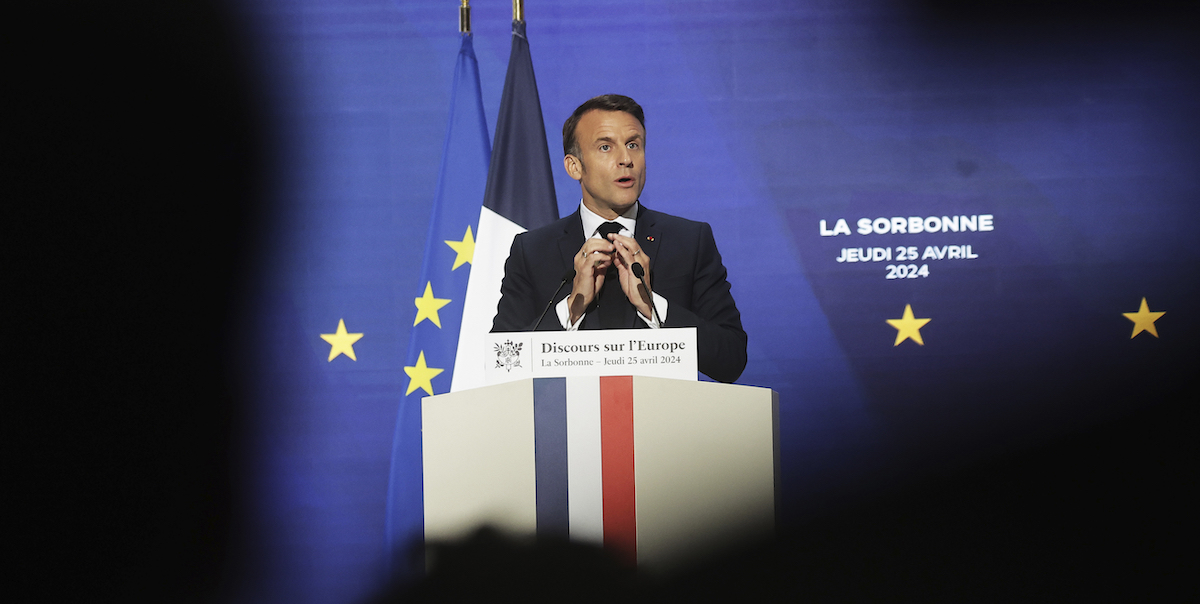 Il presidente francese Emmanuel Macron durante il discorso alla Sorbona