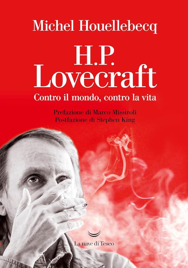 La copertina dell'ebook di H.P. Lovecraft. Contro il mondo, contro la vita distribuito dalla Nave di Teseo. Il volto sulla copertina è quello di Houellebecq