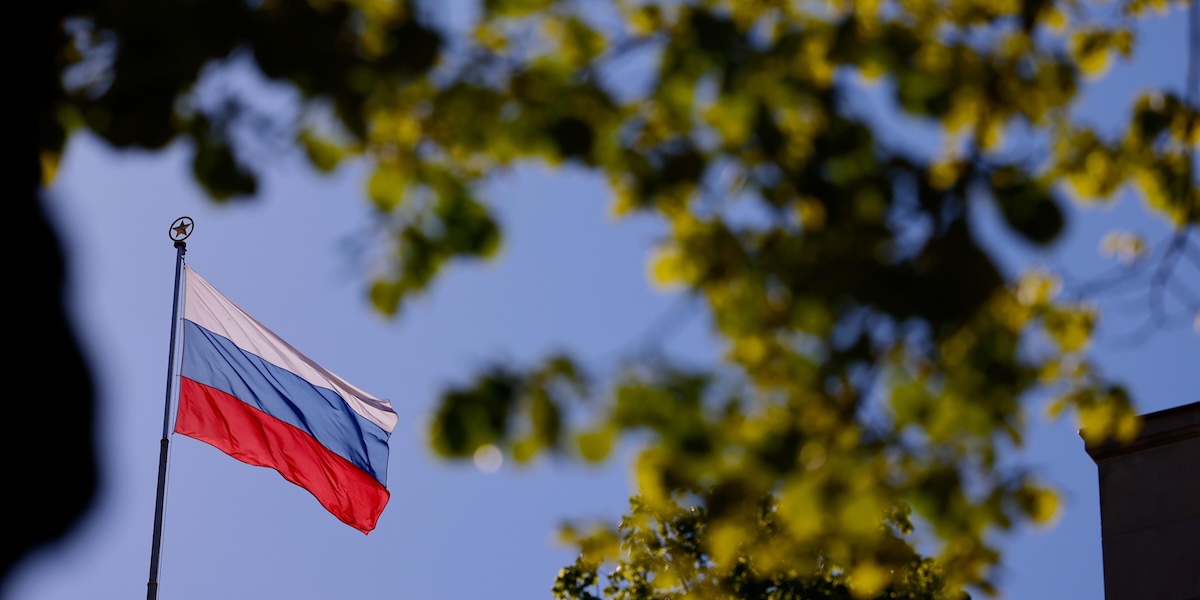 Una bandiera russa che sventola al sole, dietro le foglie di un albero