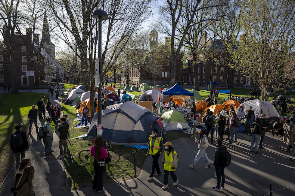 Un accampamento di tende nel campus di Harvard