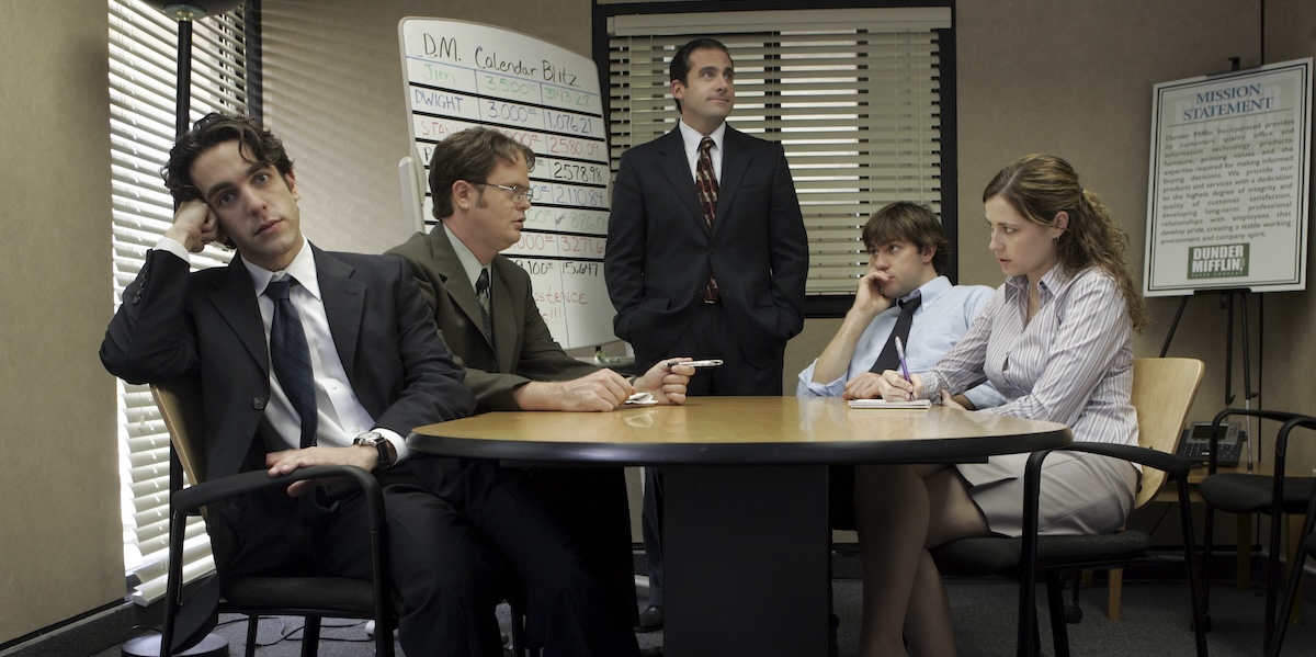Da sinistra a destra B.J. Novak, Rainn Wilson, Steve Carell, John Krasinski e Jenna Fischer in una foto scattata sul set di The Office attorno al 2005