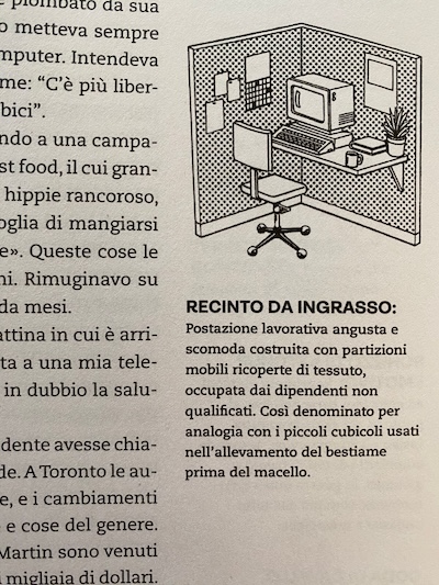 Un'illustrazione del libro che mostra quello che Coupland chiama un "recinto da ingrasso", cioè un cubicolo da ufficio