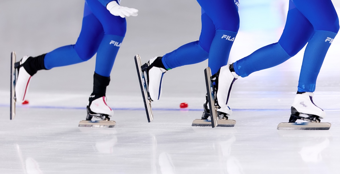 Tre atlete italiane pattinano sul ghiaccio a Milano, Italia, 29 novembre 2025 (Mattia Ozbot/Getty Images)