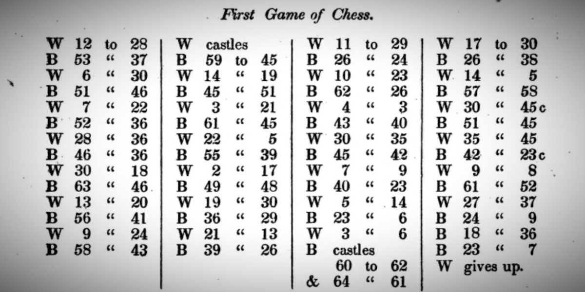 Un'immagine che riporta le mosse delle due squadre nella prima partita a scacchi tramite telegrafo, dal libro del 1845 The American Electro Magnetic Telegraph