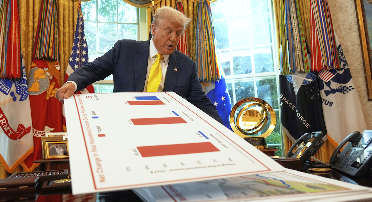 Donald Trump con dei cartelli sull'economia americana alla Casa Bianca, agosto 2025