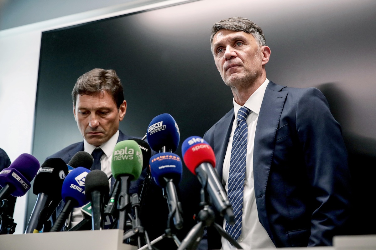 Paolo Maldini (destra) e Leonardo (sinistra) durante la loro conferenza stampa dopo l'assemblea della Lega Serie A a Milano, 23 luglio 2026 (ANSA/MOURAD BALTI TOUATI)