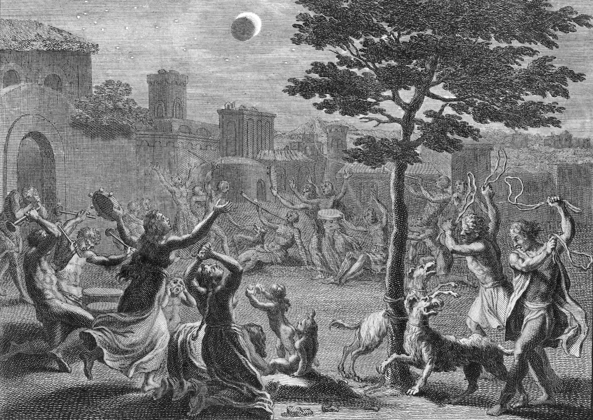 Un’illustrazione mostra un gruppo di persone allarmate che reagiscono a un'eclissi