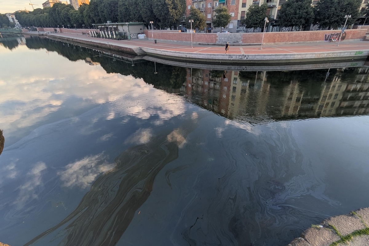 L’enorme chiazza di gasolio nel Naviglio Grande di Milano